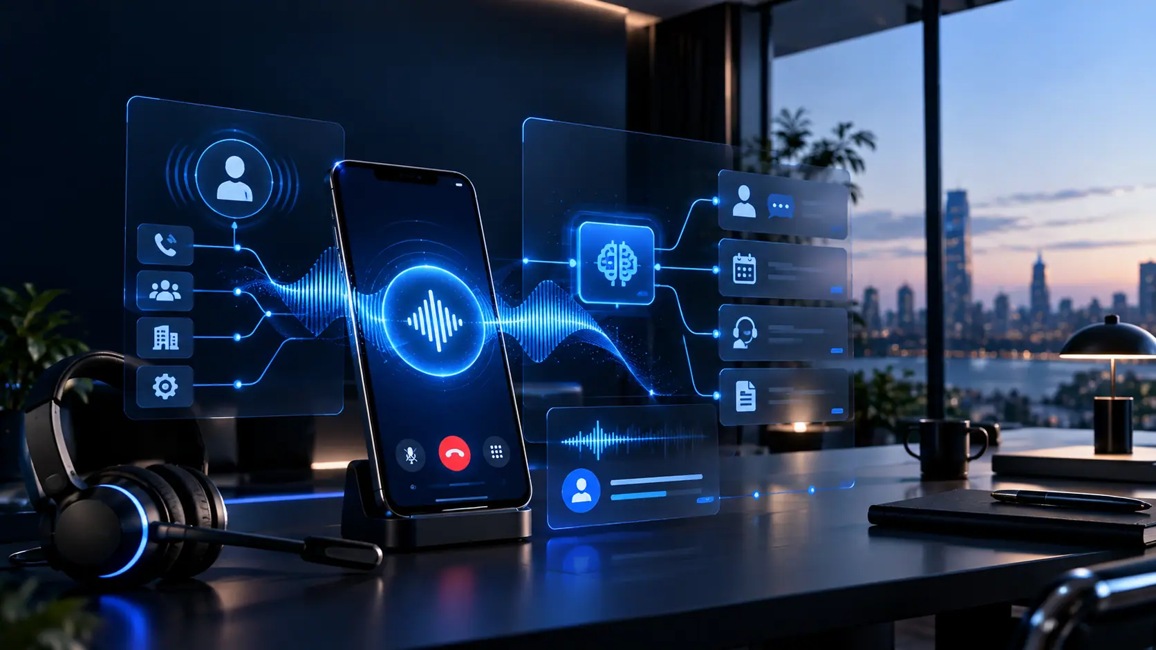 Ein Smartphone mit Anruf und Sprachwelle, umgeben von Symbolen für Kalender, Kontakte und Nachrichten.